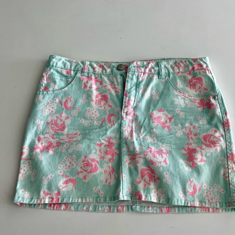H&M Mint Green and Pink Floral Mini Skirt